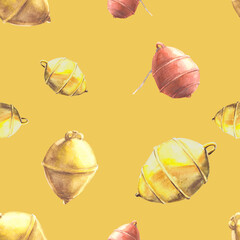  Watercolor red and yellow buoys on yellow background Hand painted seamless pattern