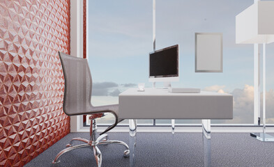 Fototapeta premium Furniture set with table, chairs and devices. 3D rendering.. Mockup. Empty paintings