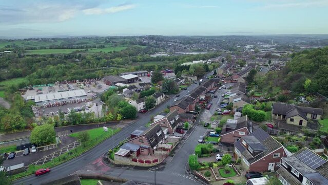 Aerial view of a small urban town scene in West Yorkshire, England