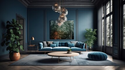 Cozy living room in blue and gray tones. Stylish sofa and ottoman, round coffee table, carpet on wooden floor, plants in pots, poster on the wall, panoramic windows with garden view. 3D rendering.