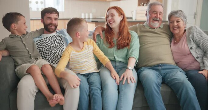 Big family, kids and grandparents with sofa, laughing and sofa with twins, love or smile for bonding in home. Mother, father and senior people in lounge, boy children or happy for funny joke in house