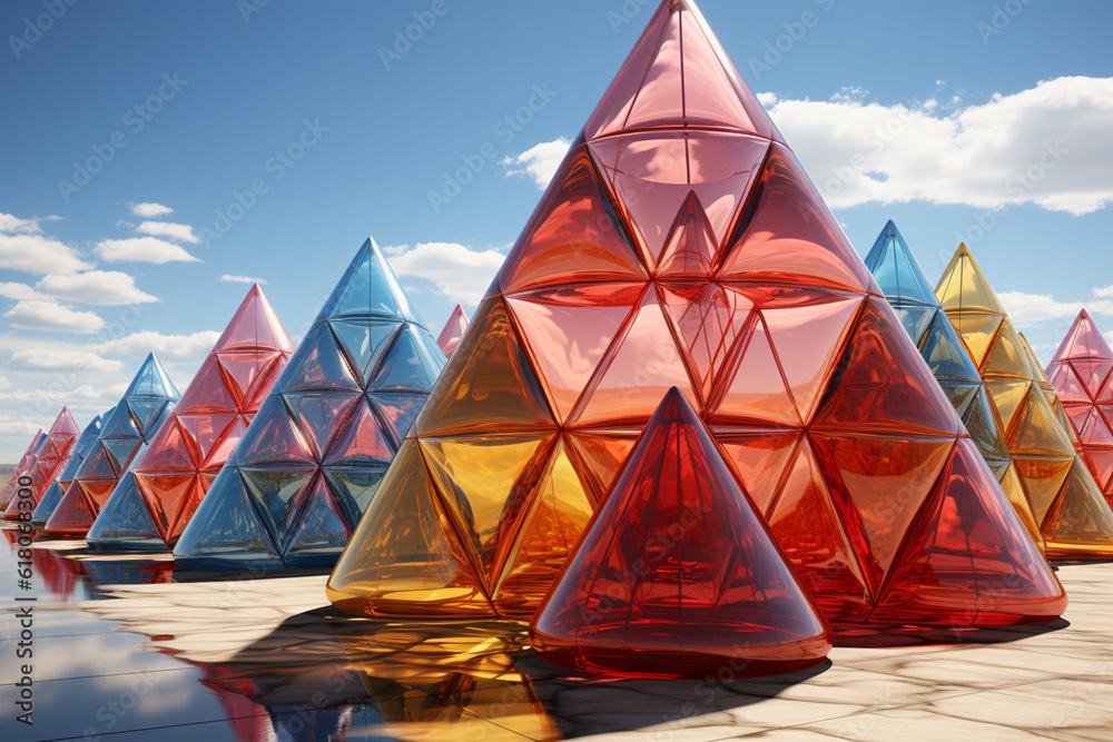 Aufkleber The Pyramids of Giza in this artwork are reimagined as abstract and inflated geometric forms.   Generative AI technology.