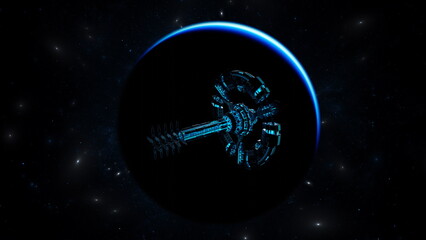 Fototapeta na wymiar Space station is wandering in space in search of planet suitable for life. Flight spaceship near blue planet among stars and galaxies. 3d render