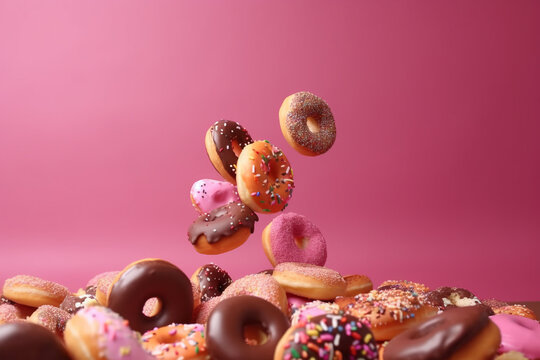 Generative AI. Flying donuts. Mix of multicolored doughnuts with sprinkel on blue background. glazed donuts