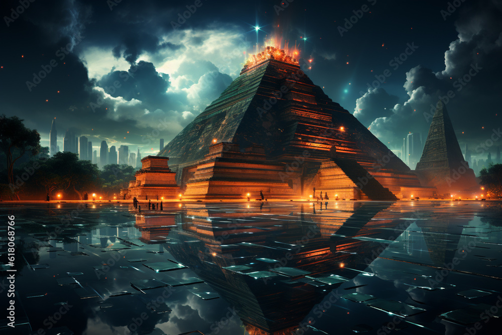 Poster  This image of the Great Pyramid of Chichen Itza embraces abstract and geometric aesthetics.  Generative AI technology.