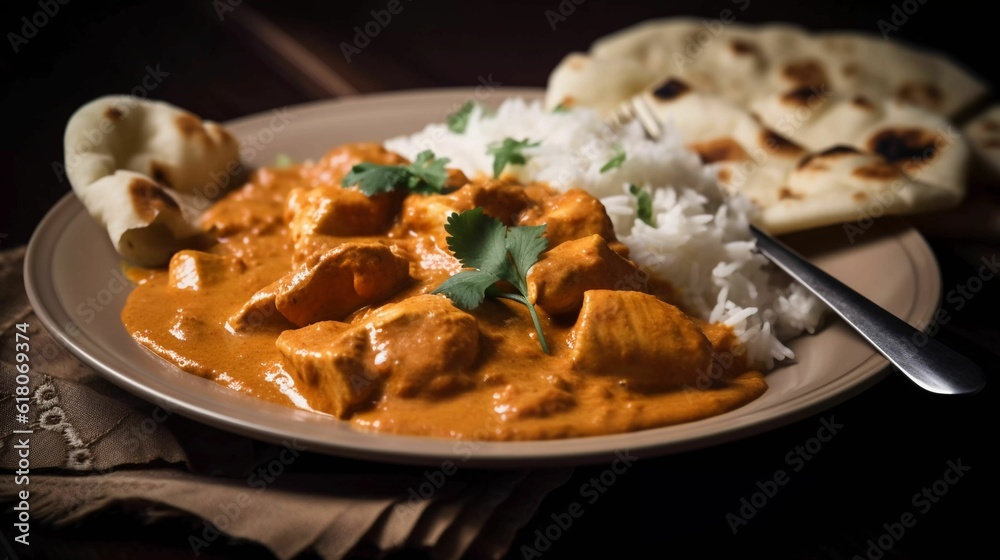 Sticker AI-generated illustration of a plate of chicken tikka masala in sauce, with rice and naan bread.