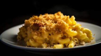 AI-generated illustration of a plate of macaroni and cheese, with a crispy breadcrumb topping.