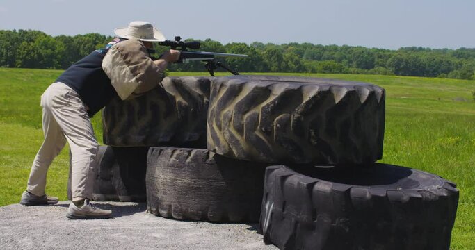 Marksman With Precision Rifle At Shooting Competition In Leach, Oklahoma. full shot