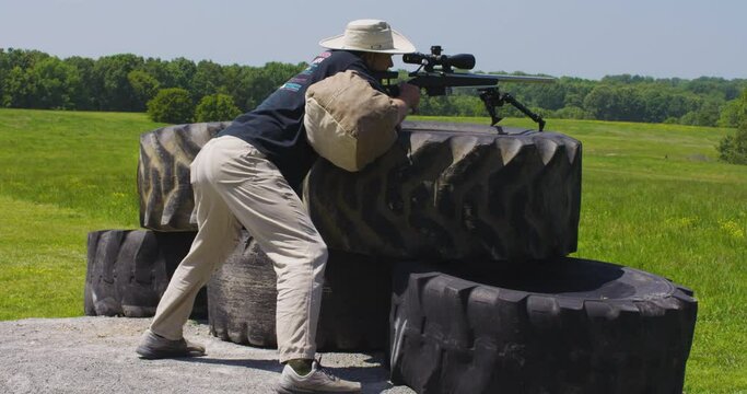 Focused Marksman At Precision Rifle Match In Leach, Oklahoma. full shot