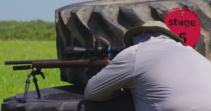 Marksmanship In A Long-range Shooting Event. Precision Rifle Match In Leach, Oklahoma. closeup