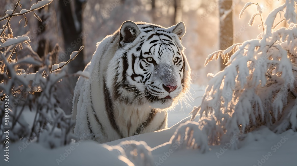 Sticker AI generated illustration of a majestic white tiger walking through a winter landscape