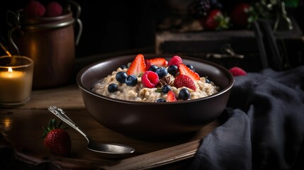 AI generated illustration of a bowl of fresh oatmeal with berries and bananas on the table
