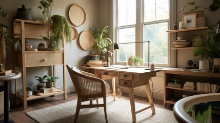Light room interior with comfortable workplace near window