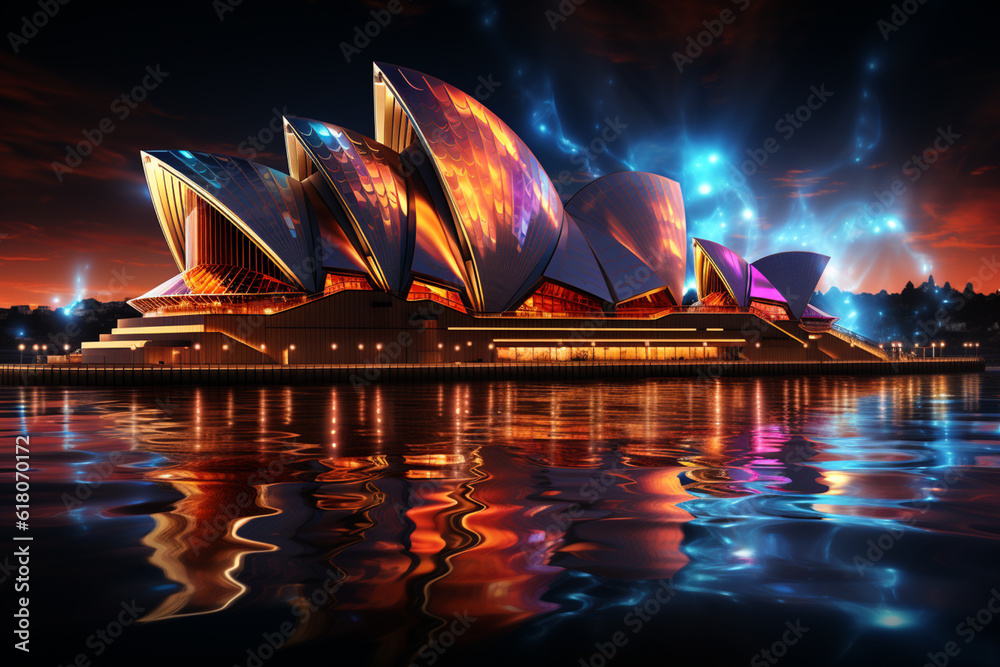 Aufkleber a digital illustration of the sydney opera house with a futuristic and abstract twist. generative ai