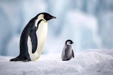 Obraz premium Adorable portrait of an Emperor penguin with his chick on the sea ice in the Antarctica. Amazing Wildlife. Generative Ai