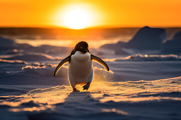Adorable penguin on the sea ice in the Antarctica at sunset. Amazing Wildlife. Generative Ai - obrazy, fototapety, plakaty