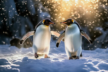 Beautiful and endearing image of a king penguin couple in love walking hand in hand at sunrise. Amazing Wildlife. Generative Ai - obrazy, fototapety, plakaty