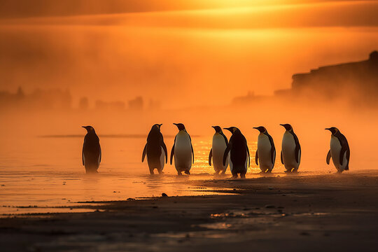Beautiful image of emperor penguins walking on the beach at sunset. Amazing Wildlife. Generative Ai