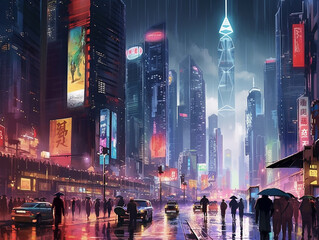 Bustling cityscape at night, with towering skyscrapers adorned with vibrant neon lights that reflect off the rain-soaked streets below.