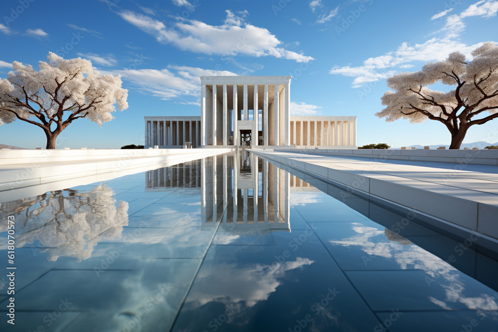 Poster In this artwork, the Parthenon is portrayed through a mix of abstract and minimalist styles.  Generative AI technology.