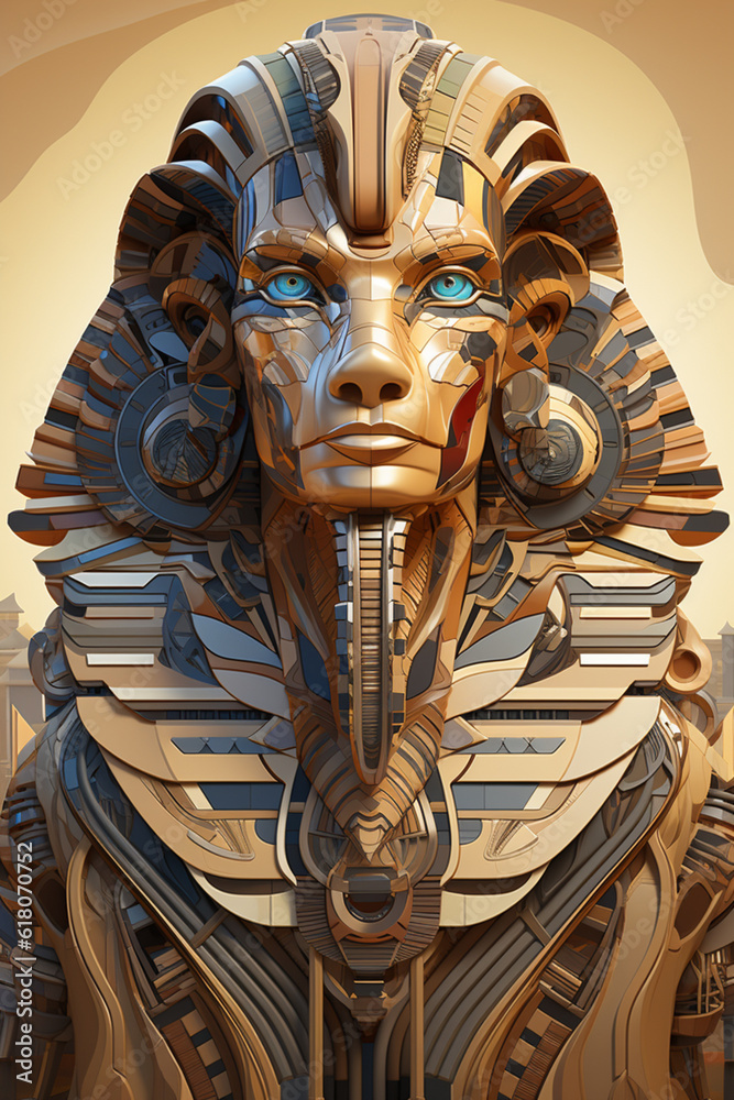 Poster In this abstract representation, the Great Sphinx is transformed into a fusion of geometric forms and organic lines. Generative AI technology.