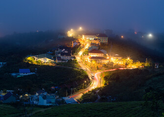 Fototapeta na wymiar Fog in Cau Dat tea hill, Da Lat city, Lam Dong province, Vietnam.