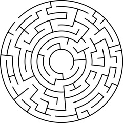 Circle maze, labyrinth, round puzzles games. Circular black game and icon of maze, labyrinth in line on background for kids solution. Vector. Logos of abstract simple riddle patterns illustration.
