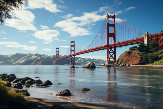 Golden Gate Bridge is reimagined through a minimalist lens. The image utilizes clean lines, simplicity, and a limited color. Generative AI technology.