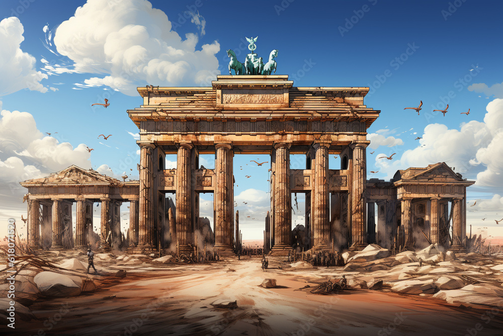 Poster Brandenburg Gate, incorporating various materials and textures to create a multi-dimensional and visually engaging representation of the iconic structure. Generative AI technology.