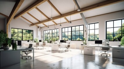 Loft style open space eco-office in a modern building. Ceiling with beams, tables with chairs, desktop computers, plants in floor pots, panoramic windows. Comfortable working environment. 3D rendering