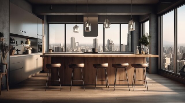 Modern loft style kitchen with breakfast bar in urban luxury apartment. Open shelves, wooden floor, wooden bar counter with bar stools, green plants, panoramic windows with city view. 3D rendering.