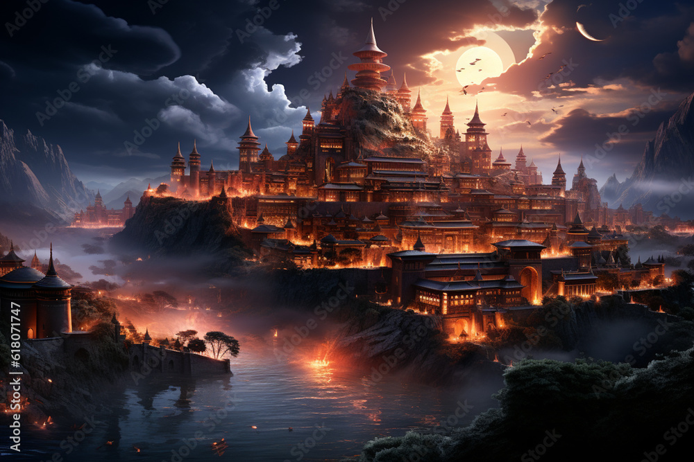 Poster Potala Palace, combining fractal patterns, digital manipulation, and celestial motifs to create a mesmerizing and otherworldly representation of the sacred Tibetan site. Generative AI technology.