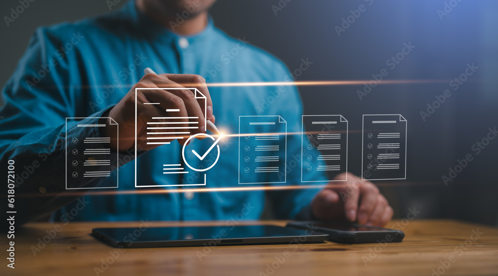 Poster Check mark symbol represents the standard quality control. Businessman writing virtual glowing correct sign mark and document for online approve paperless and quality assurance. Guarantee, Certificate