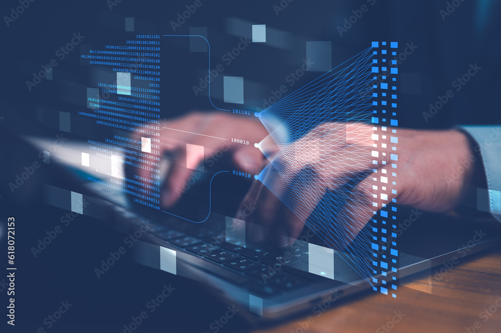 Aufkleber AI technology to help manage big data. Learning of Artificial Intelligence for Business Analytics. Data Mining, analyzing and visualizing complex data, innovation for futuristic, business automation.