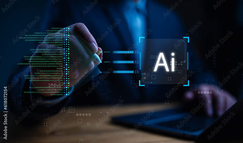 Aufkleber AI technology to help manage big data. Learning of Artificial Intelligence for Business Analytics. Data Mining, analyzing and visualizing complex data, innovation for futuristic, business automation.