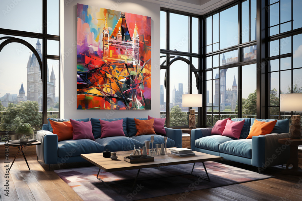 Poster a striking abstract artwork of the tower bridge in the united kingdom, featuring a dynamic compositi