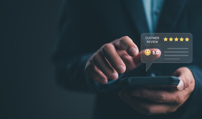 Customer review satisfaction feedback survey concept. User give rating to service excellent experience on smartphone application, Client evaluate quality of service reputation ranking of business.