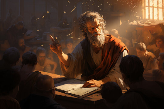 An artistic representation of Epictetus, the Stoic philosopher, teaching his students the importance of distinguishing between what is within their control and what is not, emphasi Generative AI