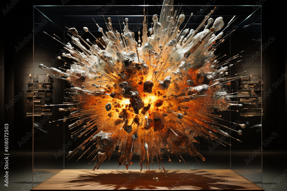Poster a sculpture inspired by the abstract concept of an atomic explosion, crafted from metal and other ma