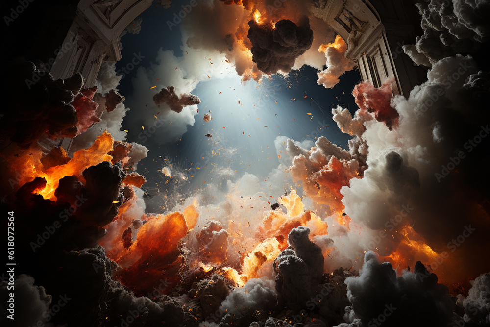 Poster An abstract photograph that captures the essence of an atomic explosion through the interplay of light and shadow. The image features dramatic contrasts and bold shapes, Generative AI technology.