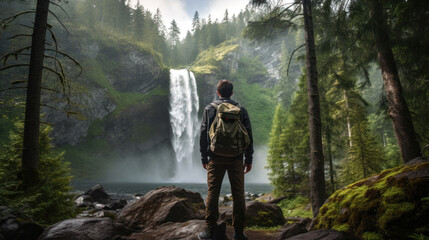Young Man in Hiking Gear Standing on a Rock Looking Towards a Waterfall in a Conifer Forest