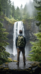 Young Man in Hiking Gear Standing on a Rock Looking Towards a Waterfall in a Conifer Forest