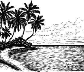Palm trees lining the shore in a mesmerizing vector engraving of a seascape