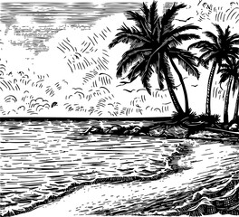 Engraved depiction of a seascape adorned with palm trees on the beach in vector format