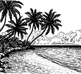 Palm fringed shoreline in a vector engraving of a seascape