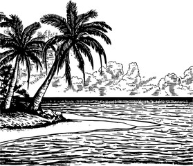Engraved depiction of a seascape with palm trees on the shoreline in vector format