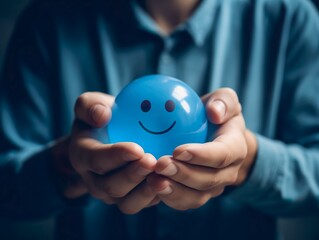 Hands Holding Blue Happy Smile Face - Mental Health and Positive Thinking Concept