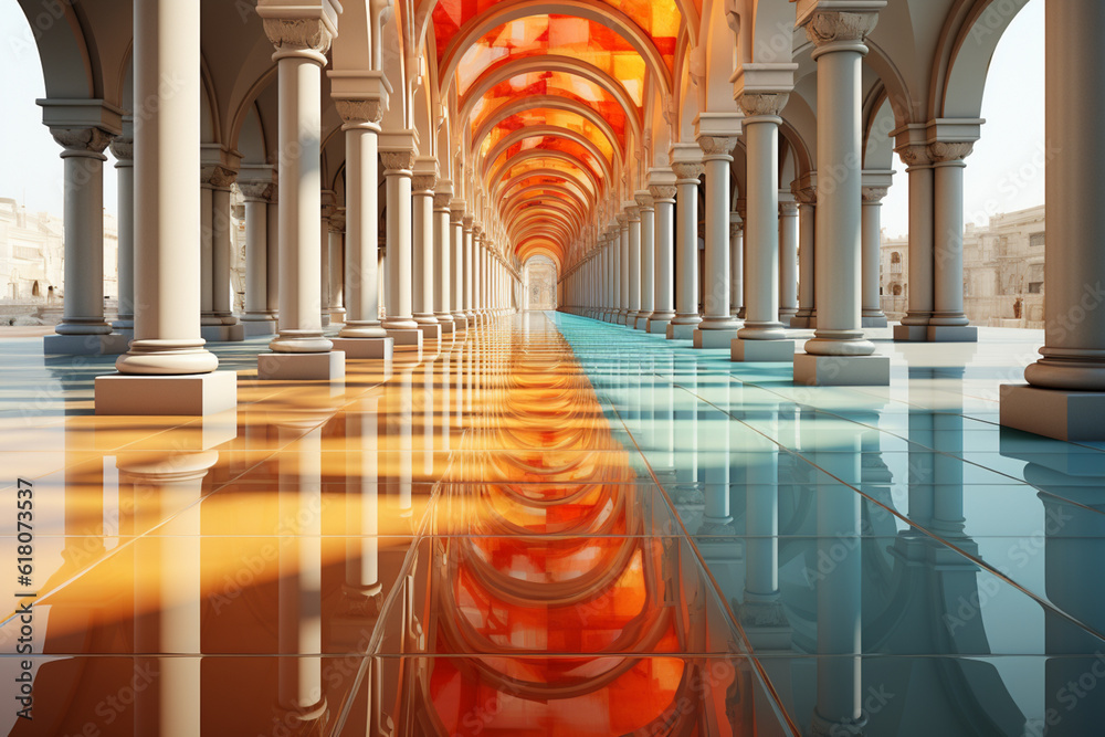 Poster An abstract photograph of a Roman Colonnade, focusing on its geometric details and symmetrical patterns, captured from unique angles to emphasize the architectural geometry. Generative AI technology.
