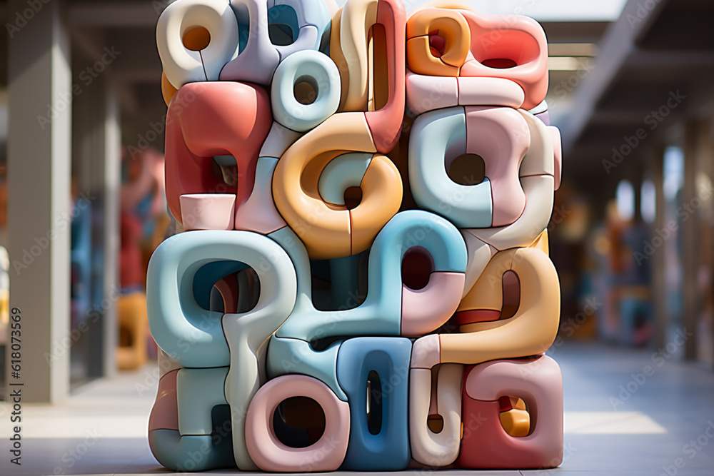 Poster an abstract sculpture inspired by a roman colonnade, employing geometric forms and materials to evok