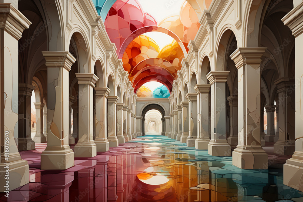 Aufkleber roman colonnade, combining painting, drawing, and collage techniques to create a visually textured a